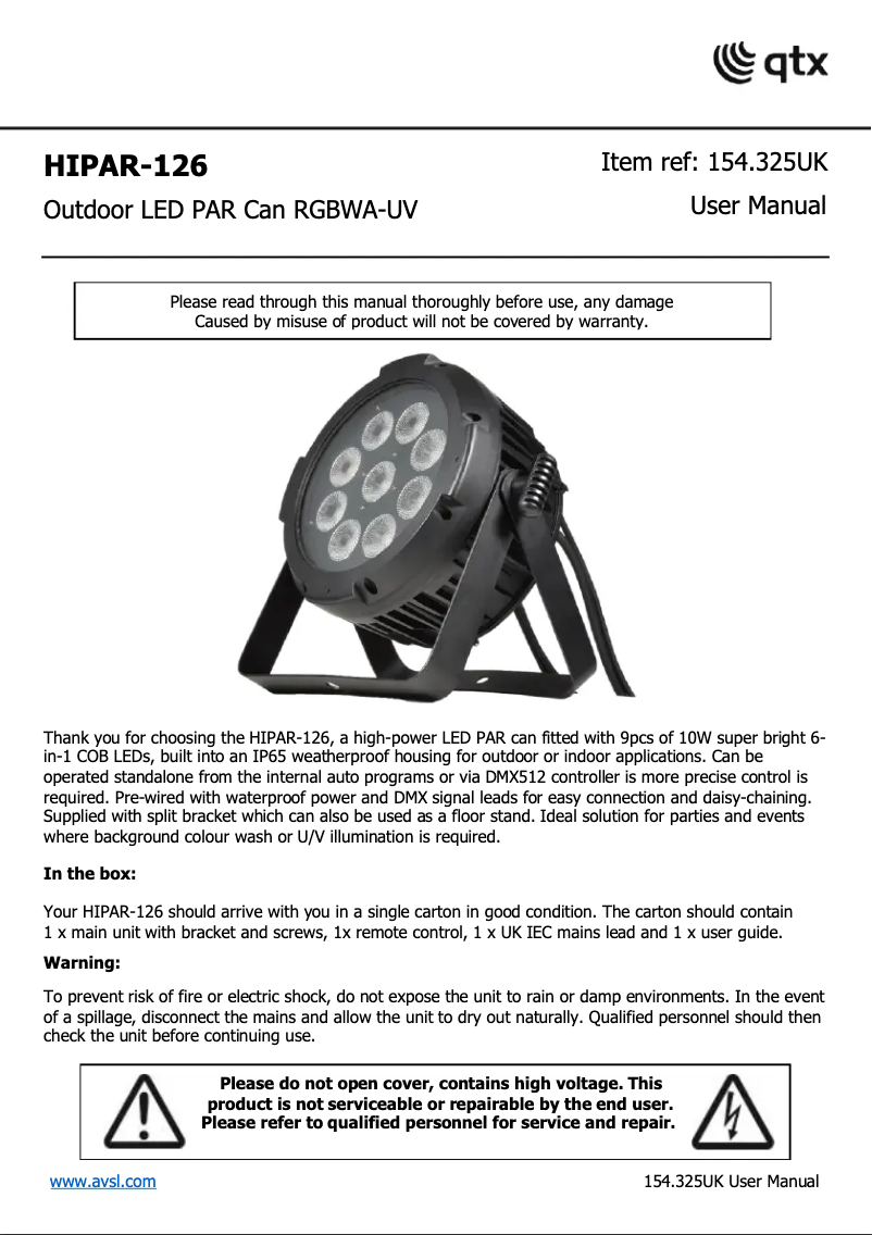 Page 1 de la notice Manuel utilisateur Qtx HIPAR-126