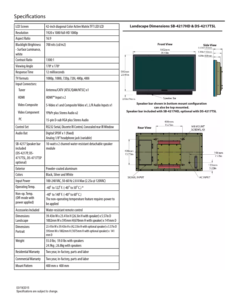 Page 1 de la notice Fiche technique SunBriteTV SB-4217HD