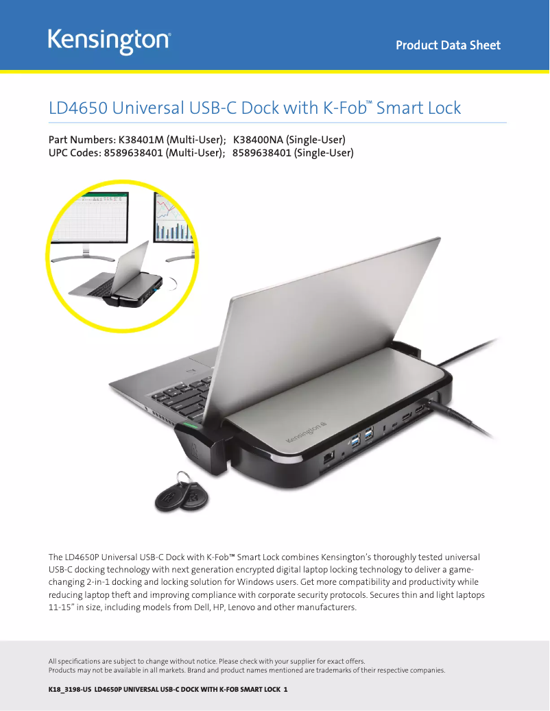 Page 1 de la notice Manuel utilisateur Kensington K38400NA