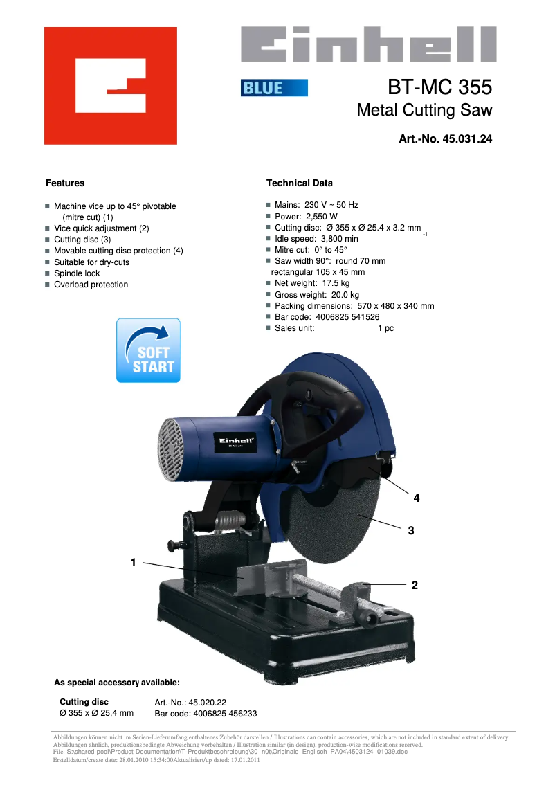 Page 1 de la notice Fiche technique Einhell BT-MC 355