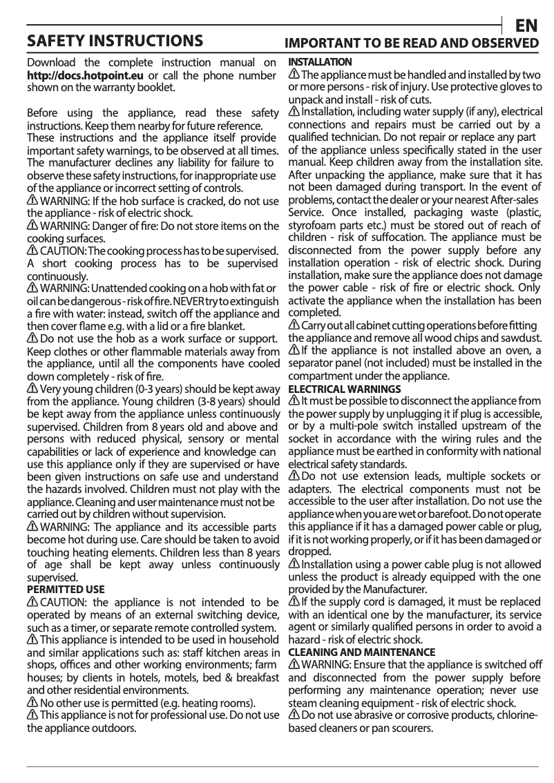 Page 1 de la notice Instructions / montage Hotpoint HR 724 B H