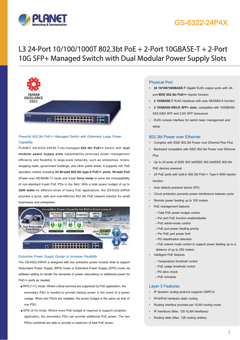 Page n°1 - Fiche technique Planet GS-6322-24P4X