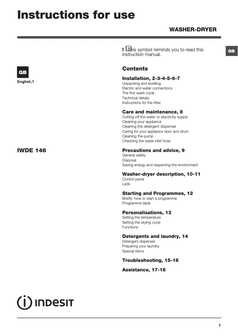 Image de la première page du manuel de l'appareil IWDE 146 UK