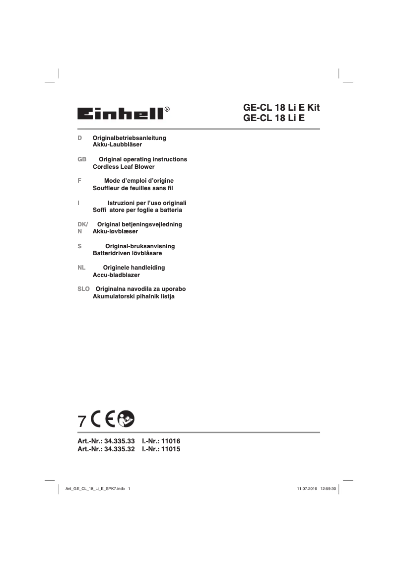 Page n°1 - Manuel utilisateur Einhell GE tot CL 18 Li E