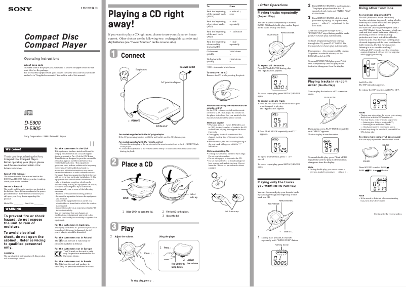 Page 1 de la notice Manuel utilisateur Sony D-E905