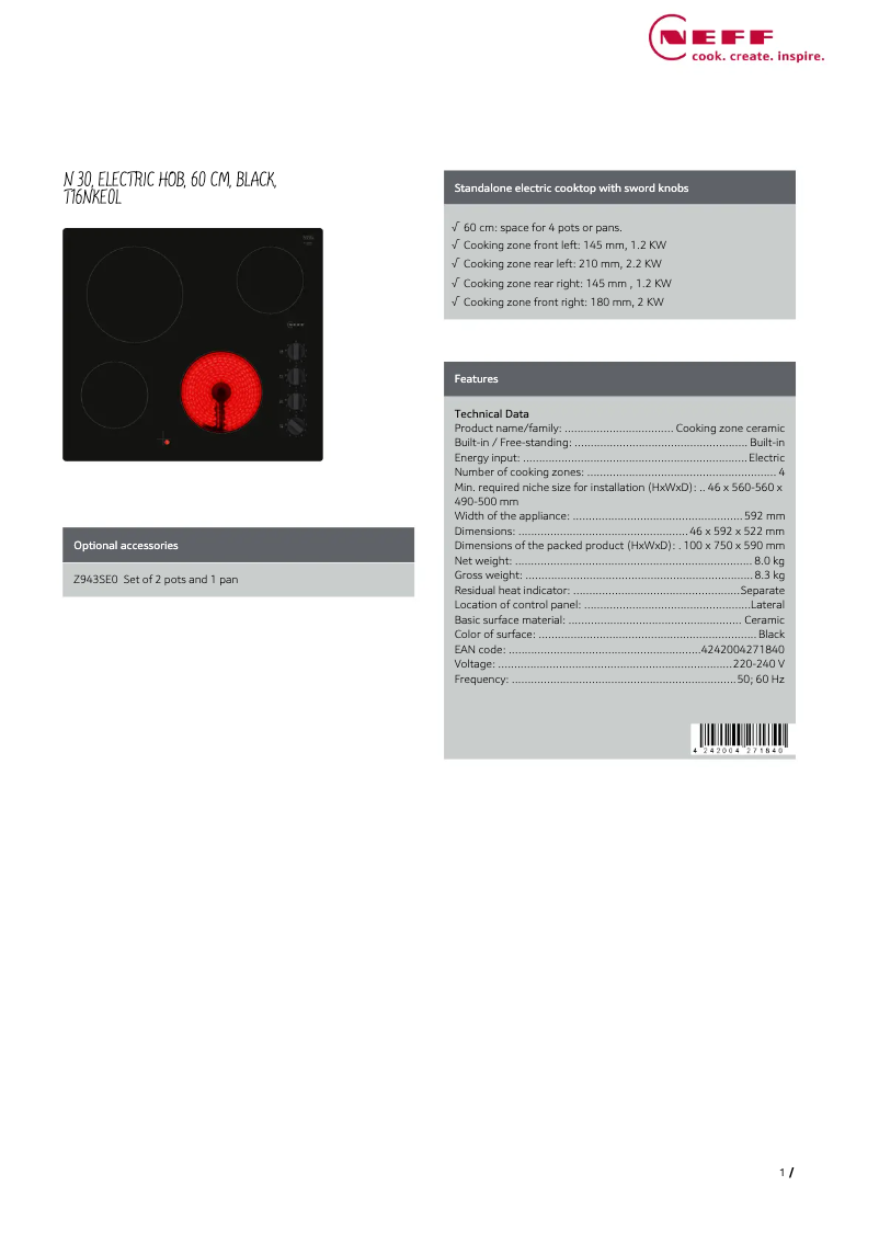 Page 1 de la notice Fiche technique Neff T16NKE0L