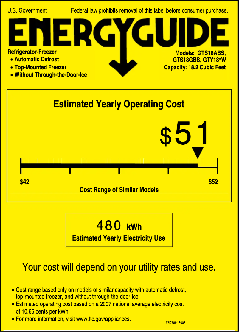 Page 1 de la notice Label énergétique GE GTS18ABSRWW