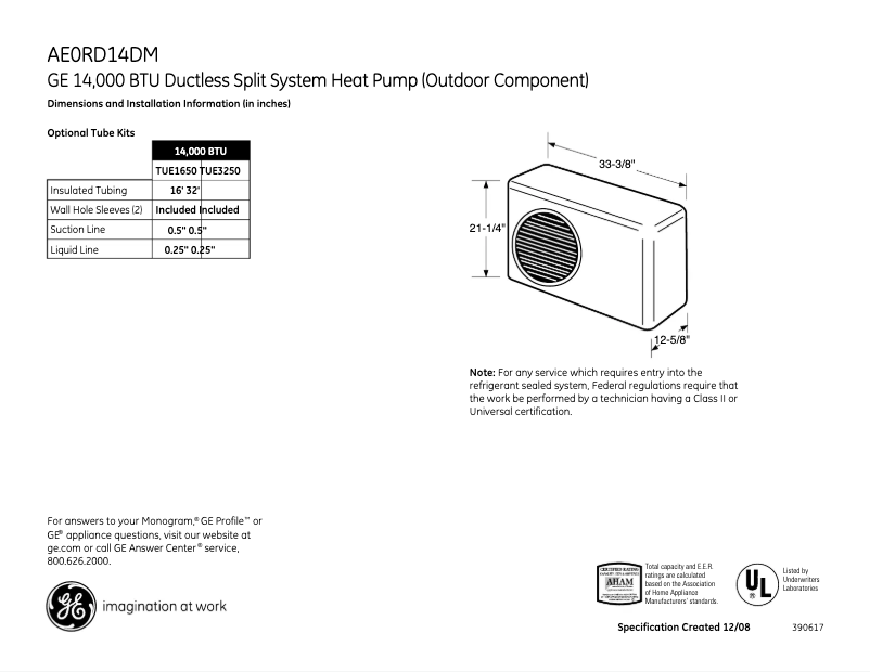 Page 1 de la notice Fiche technique GE AE0RD14DM