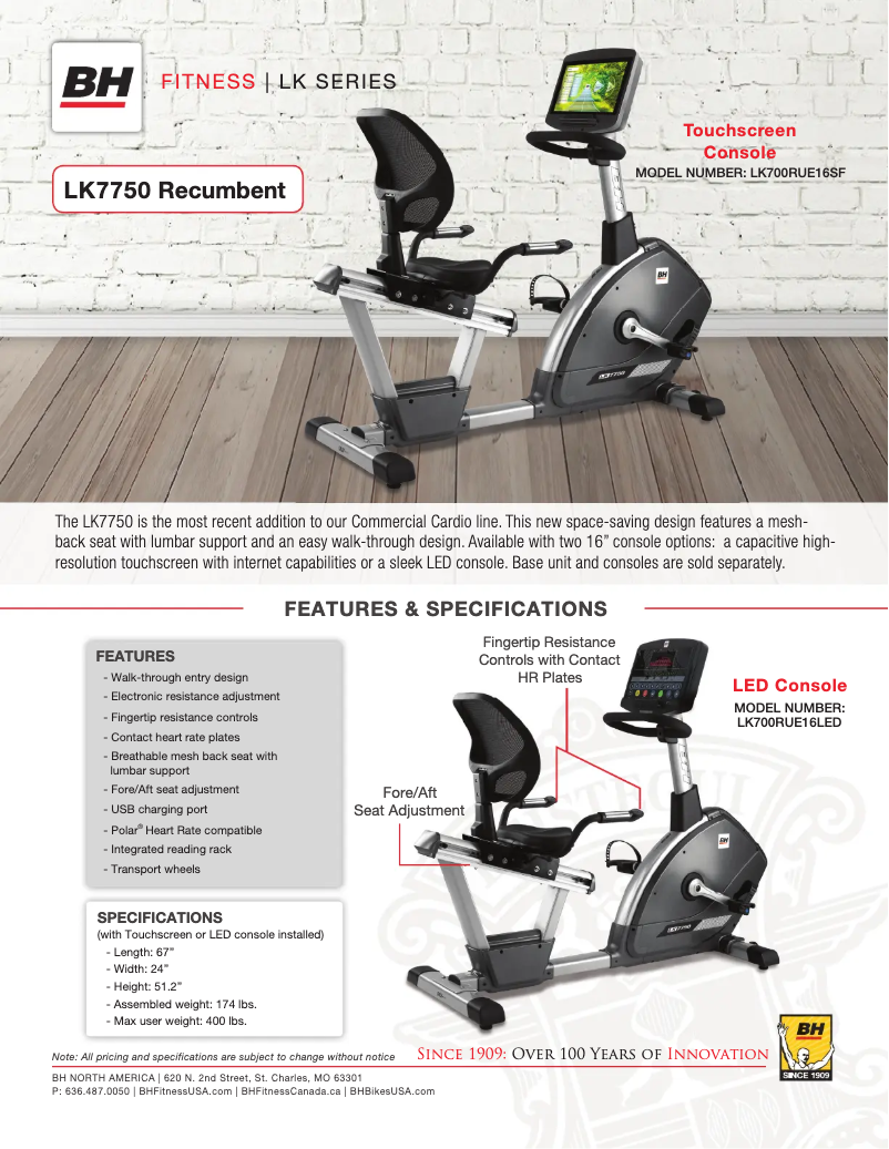 Page 1 de la notice Fiche technique BH Fitness LK7750