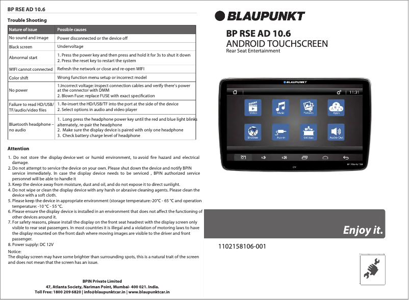 Page 1 de la notice Manuel utilisateur Blaupunkt BP RSE AD 10.6