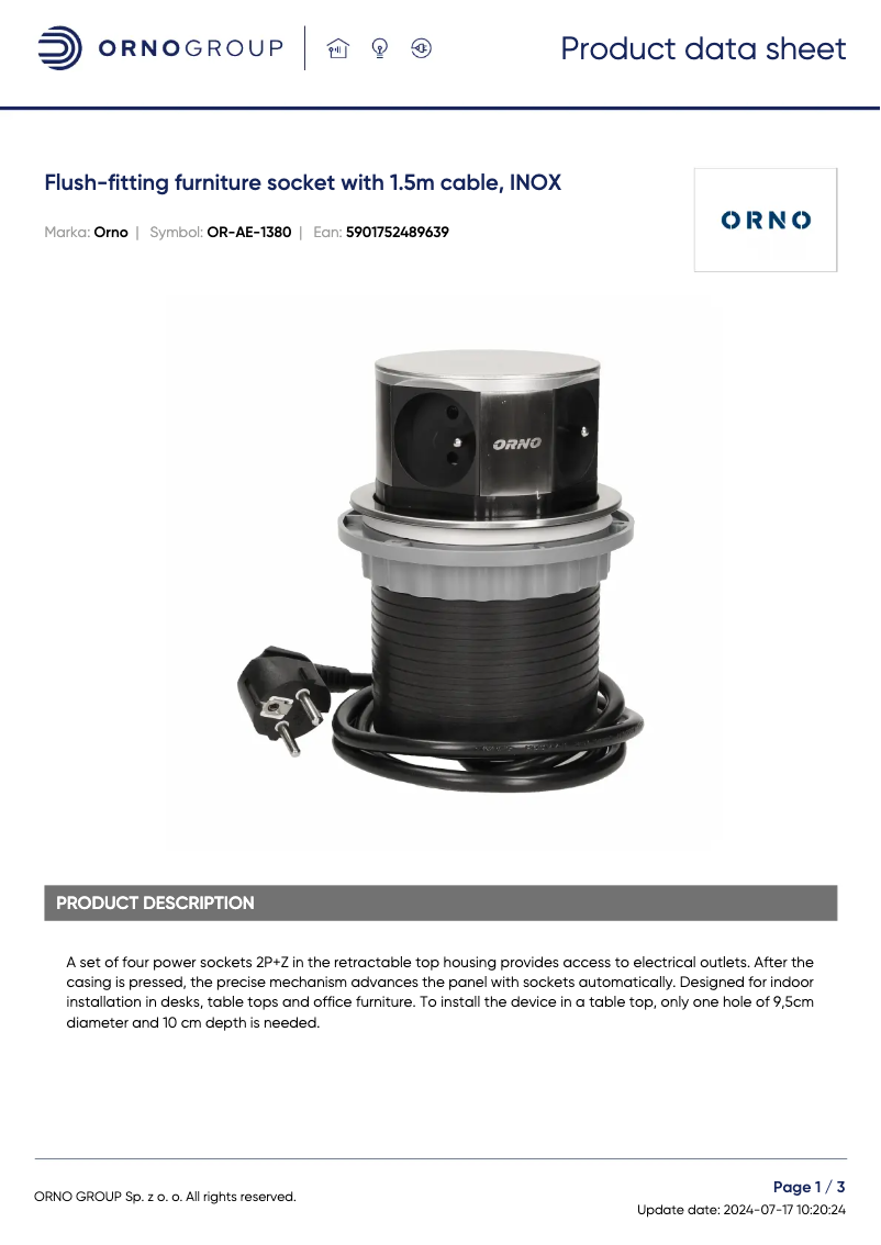 Page 1 de la notice Fiche technique ORNO OR-AE-1380