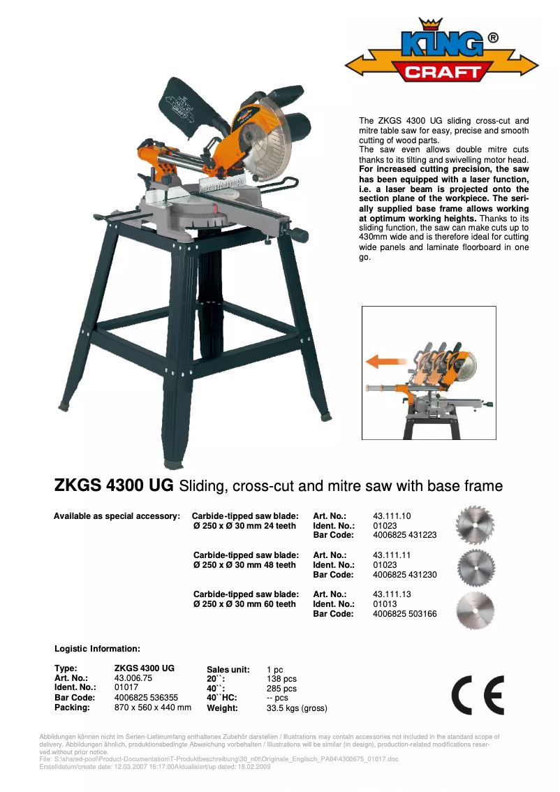Page n°1 - Manuel utilisateur King Craft ZKGS 4300 UG