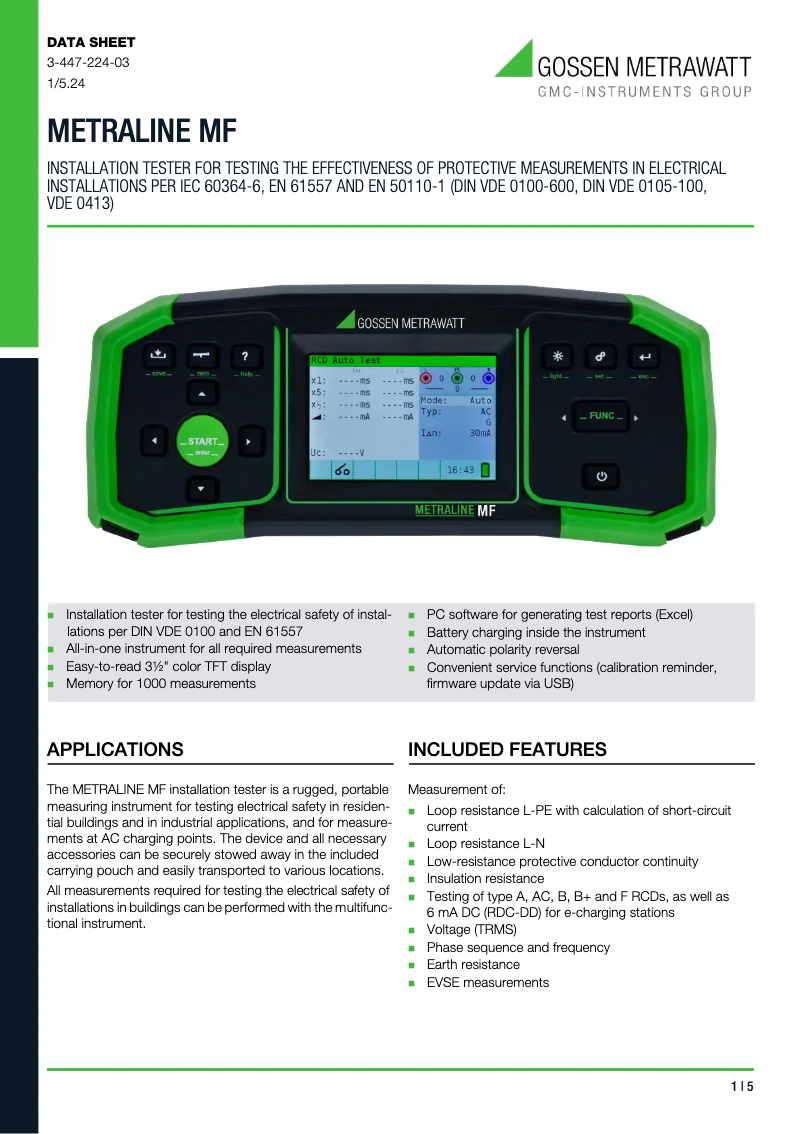 Page 1 de la notice Fiche technique Gossen Metrawatt METRALINE MF