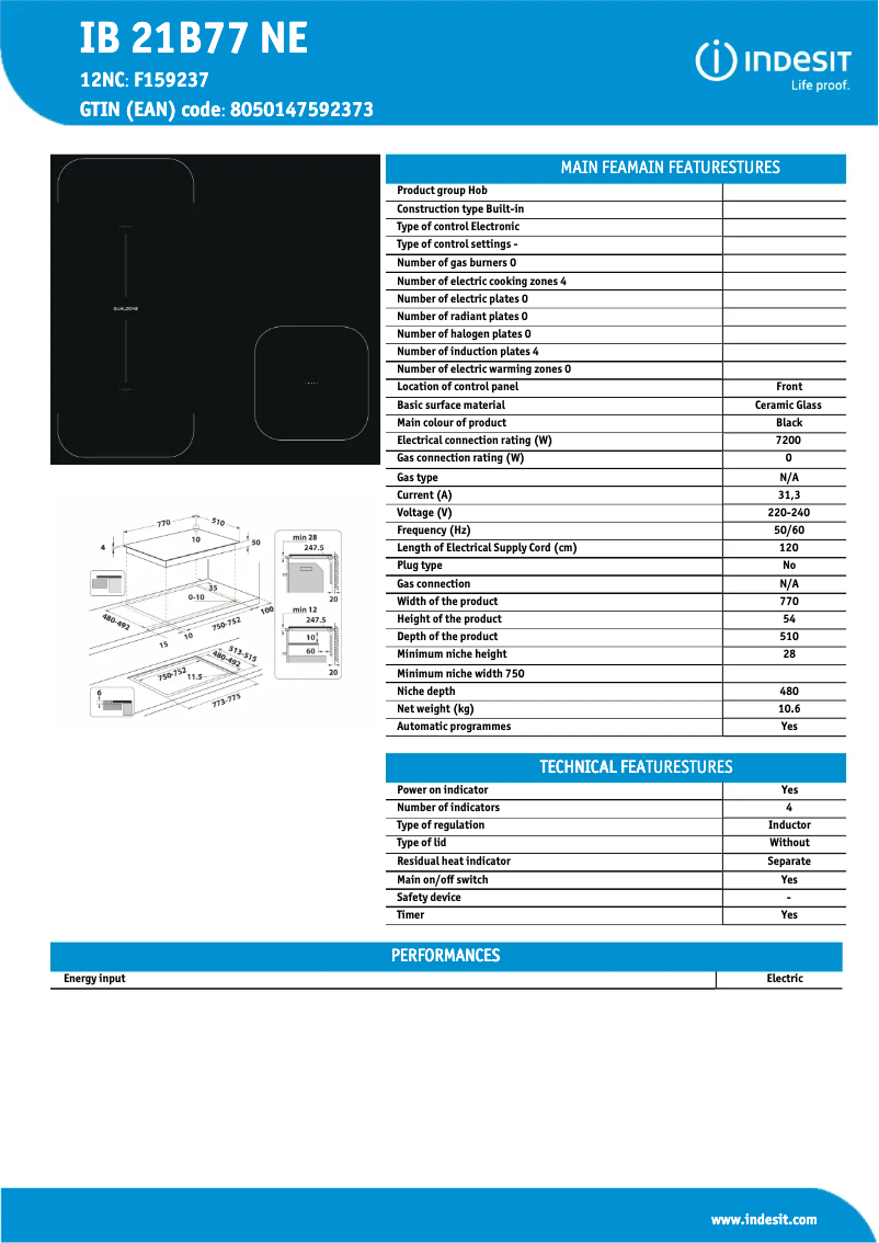 Page 1 de la notice Fiche technique Indesit IB 21B77 NE