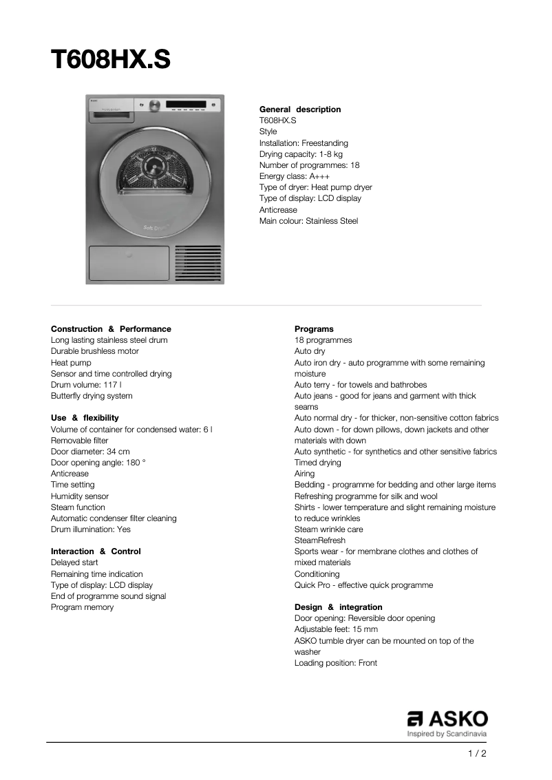 Page n°1 - Fiche technique Asko T608HX