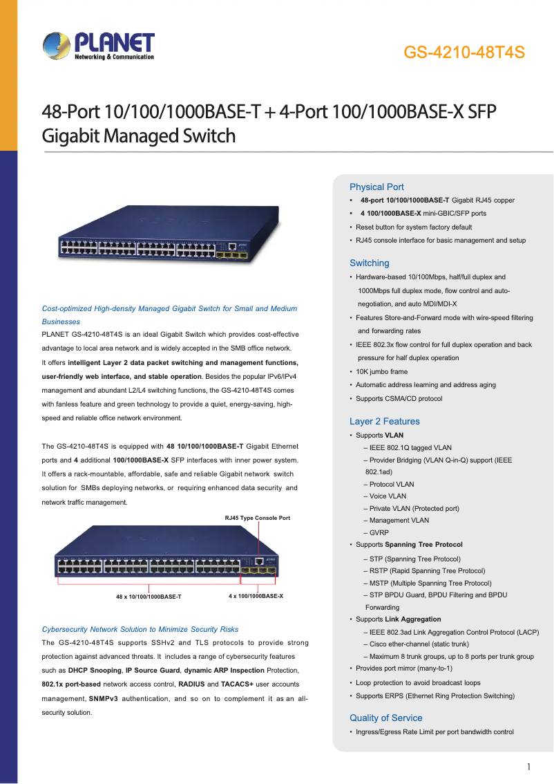 Page 1 de la notice Fiche technique Planet GS-4210-48T4S
