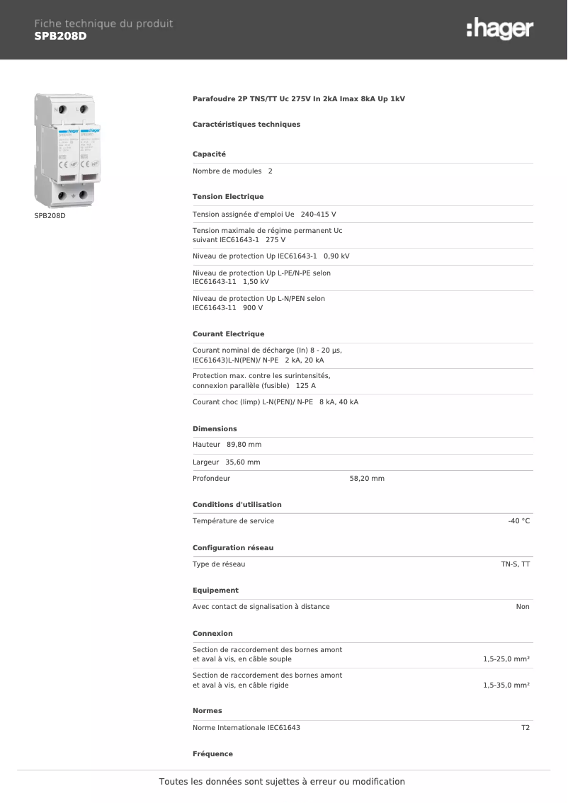 Page 1 de la notice Fiche technique Hager SPB208D