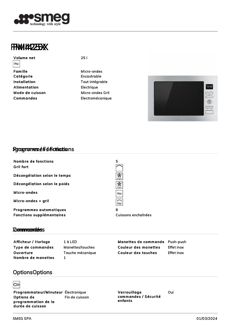 Page 1 de la notice Fiche technique Smeg FMI425X