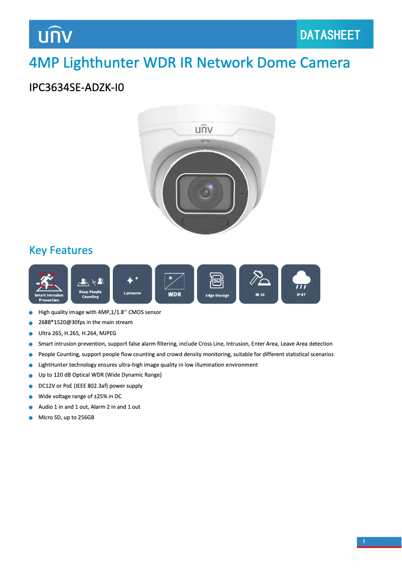 Page n°1 - Fiche technique UniView IPC3634SE-ADZK-I0