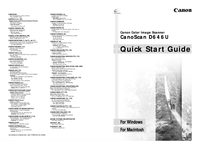 Page n°1 - Guide de démarrage rapide Canon CanoScan D646U