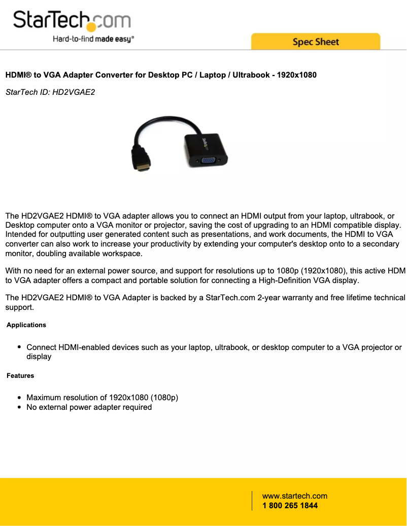 Page 1 de la notice Mode d'emploi StarTech.com HD2VGAE2