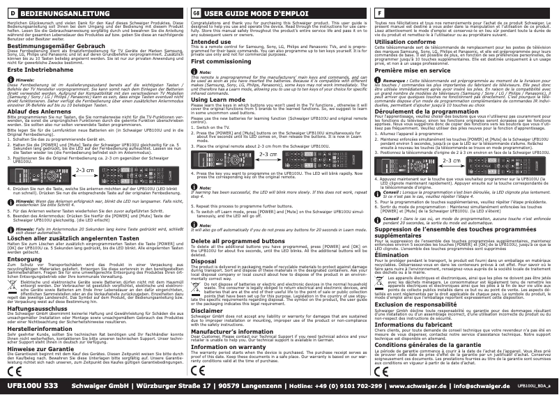 Page 1 de la notice Manuel utilisateur Schwaiger UFB100U 533