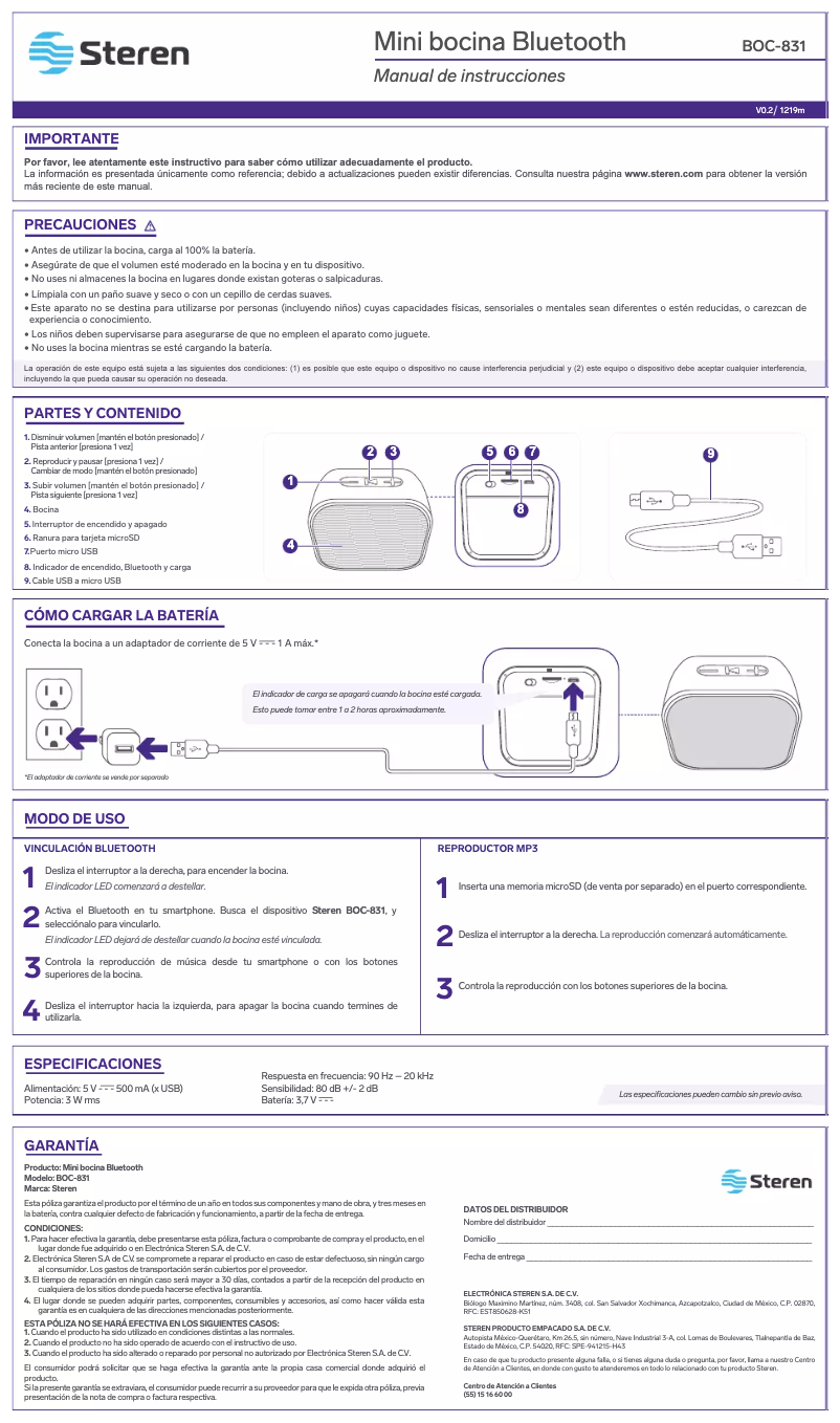 Página 1 del manual Manual de usuario Steren BOC-831