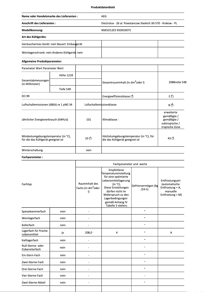 Page 1 de la notice Fiche technique AEG NSK5O12ES