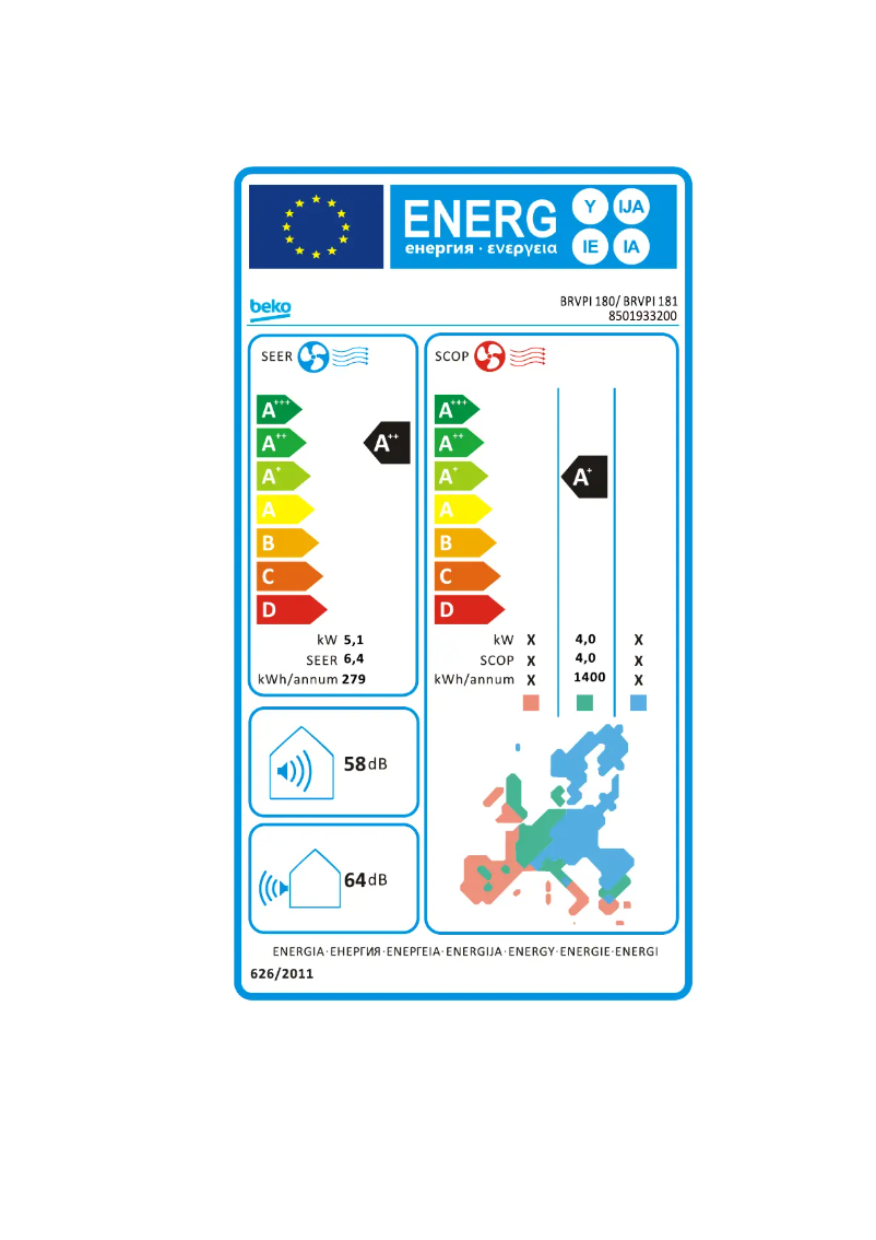 Page 1 de la notice Label énergétique Beko BRVPI 180/ BRVPI 181