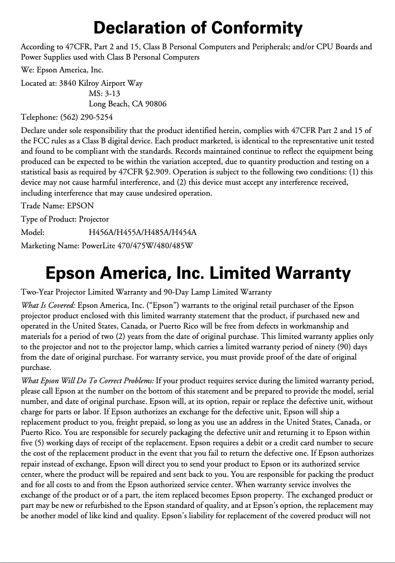 Page 1 de la notice Informations de garantie Epson PowerLite 480
