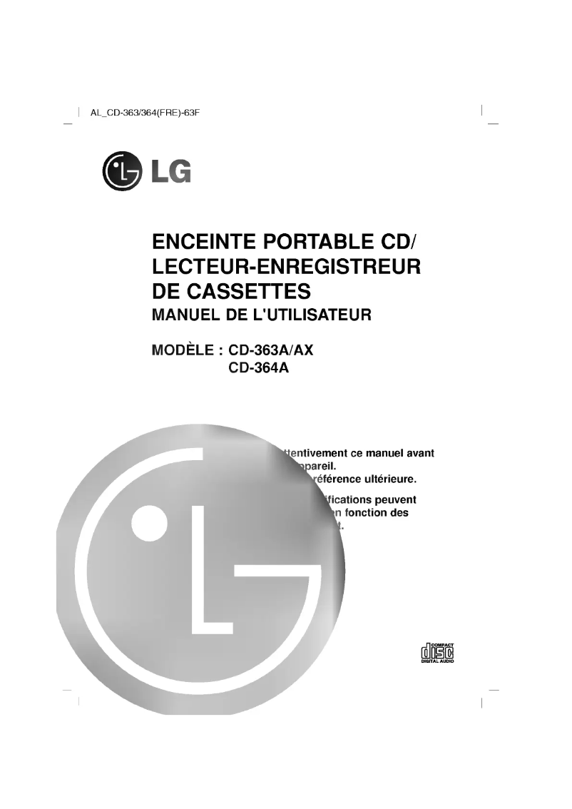 Page 1 de la notice Manuel utilisateur LG CD-371A