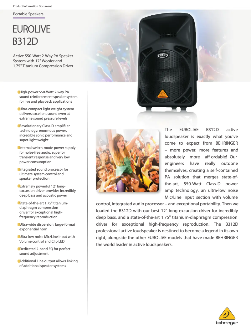 Page n°1 - Fiche technique Behringer Eurolive B312D