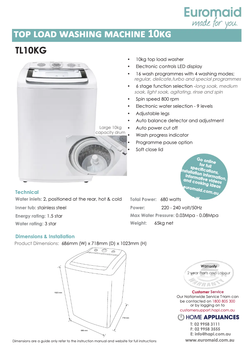 Page 1 de la notice Fiche technique Euromaid TL10KG