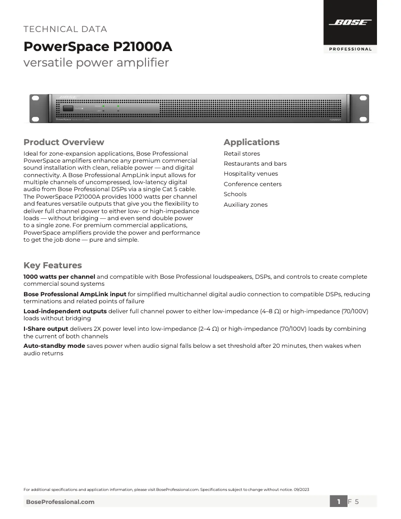 Page 1 de la notice Fiche technique Bose PowerSpace P21000A