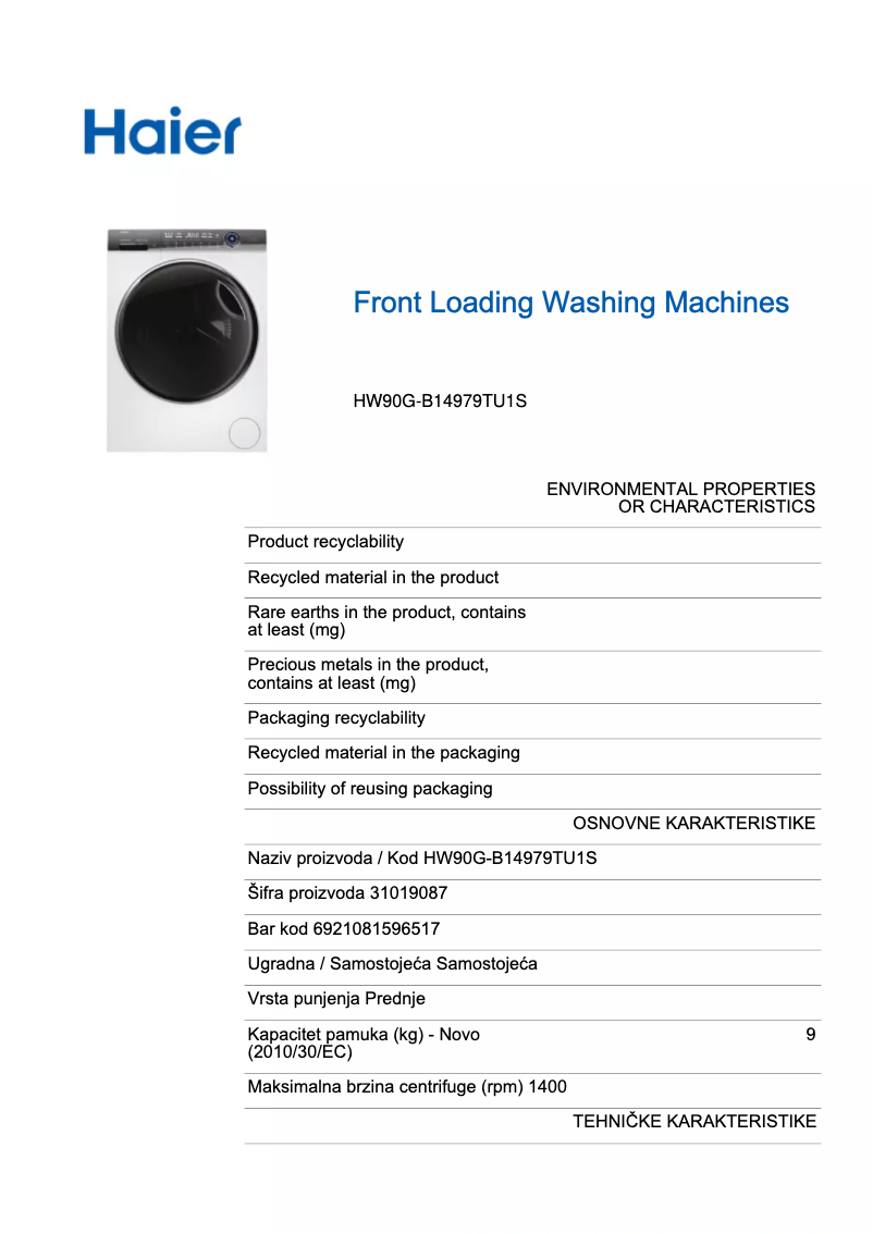 Page 1 de la notice Fiche technique Haier HW90-B14979TU1