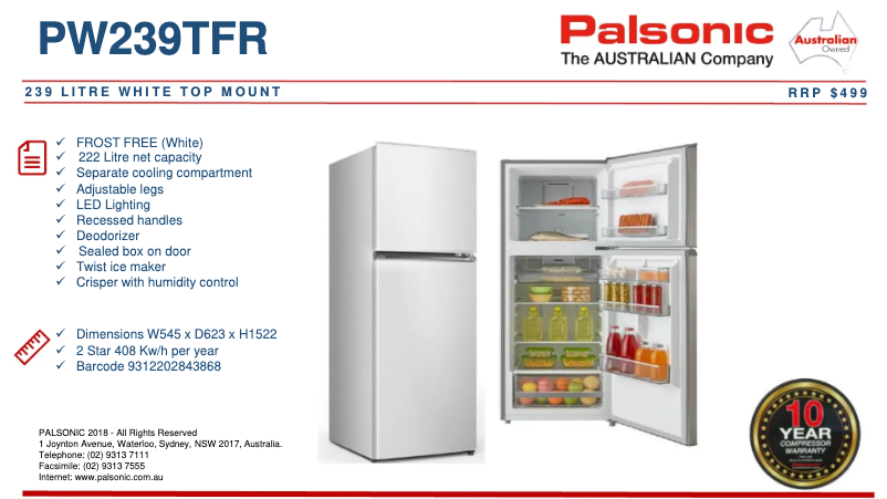 Página 1 del manual Ficha técnica Palsonic PW239TFR