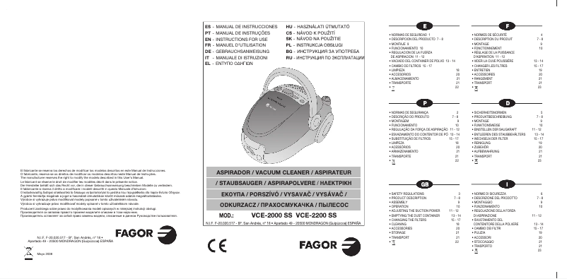 Página 1 del manual Manual de usuario Fagor VCE-2200 SS