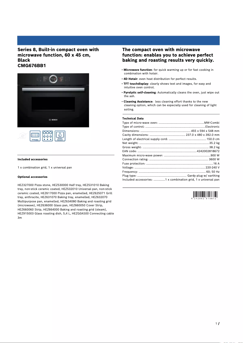 Page 1 de la notice Fiche technique Bosch CMG676BB1