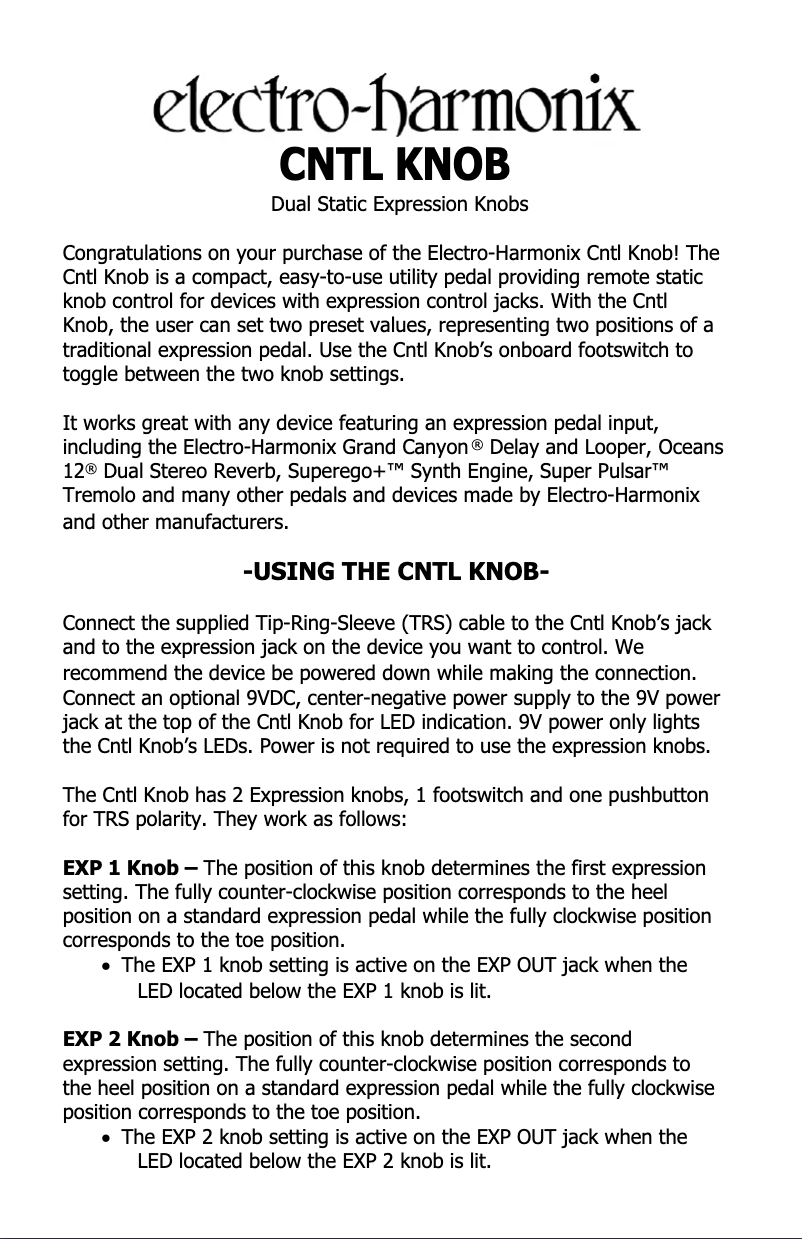 Page 1 de la notice Manuel utilisateur Electro Harmonix CNTL Knob