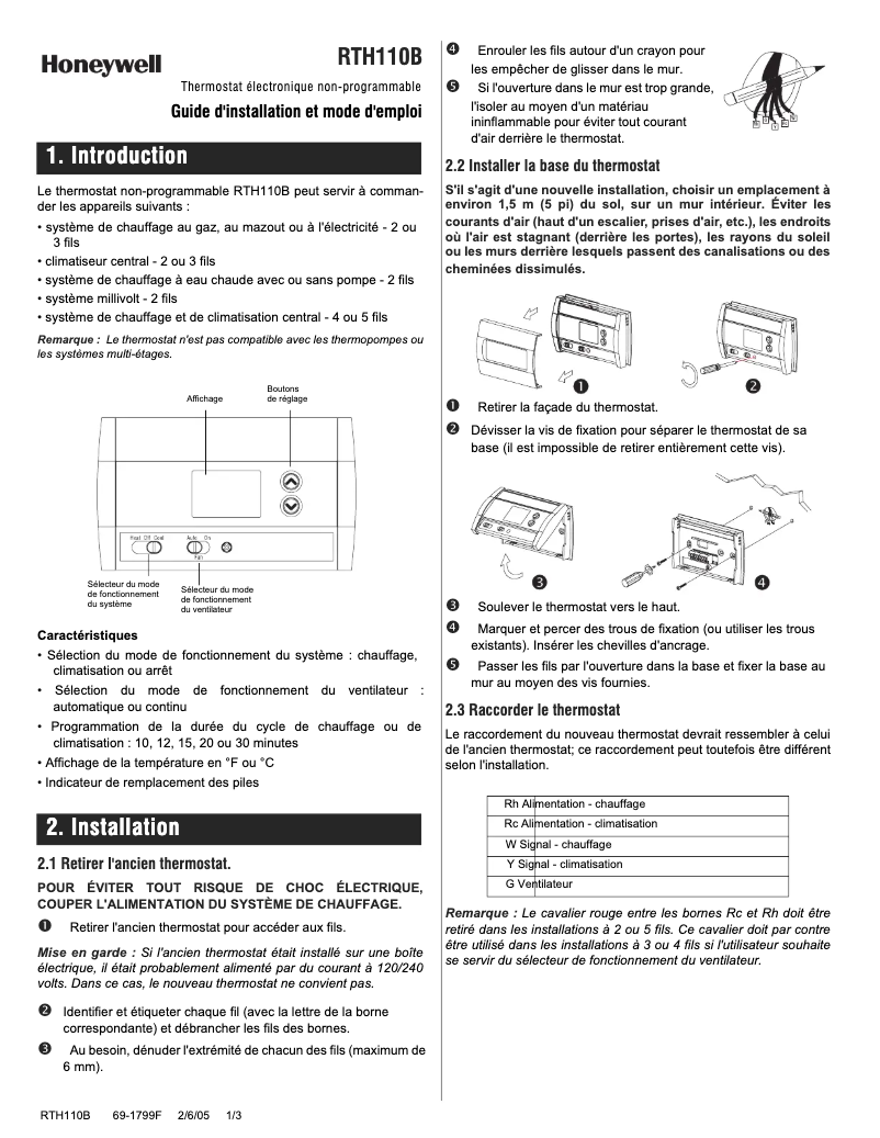 Page n°1 - Manuel utilisateur Honeywell RTH110B