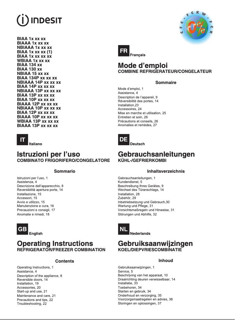 Page 1 de la notice Manuel utilisateur Indesit BIAA 12P