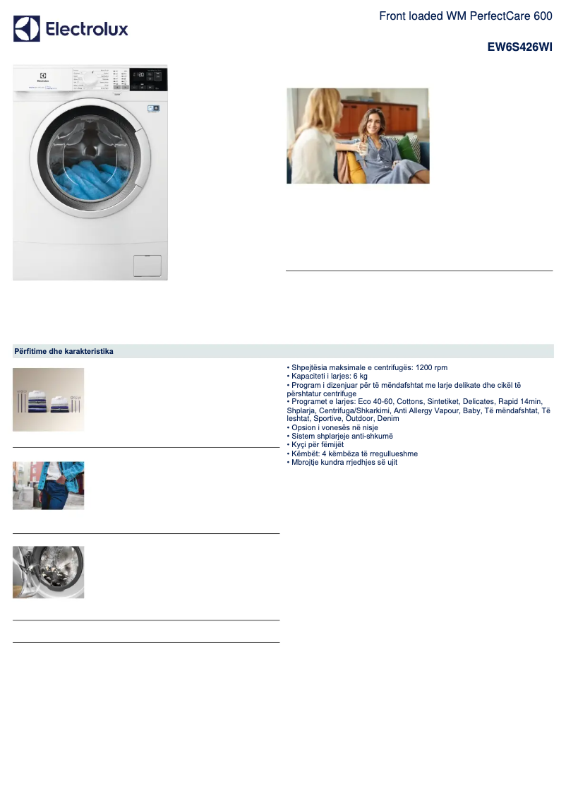 Page 1 de la notice Fiche technique Electrolux EW6S426WI