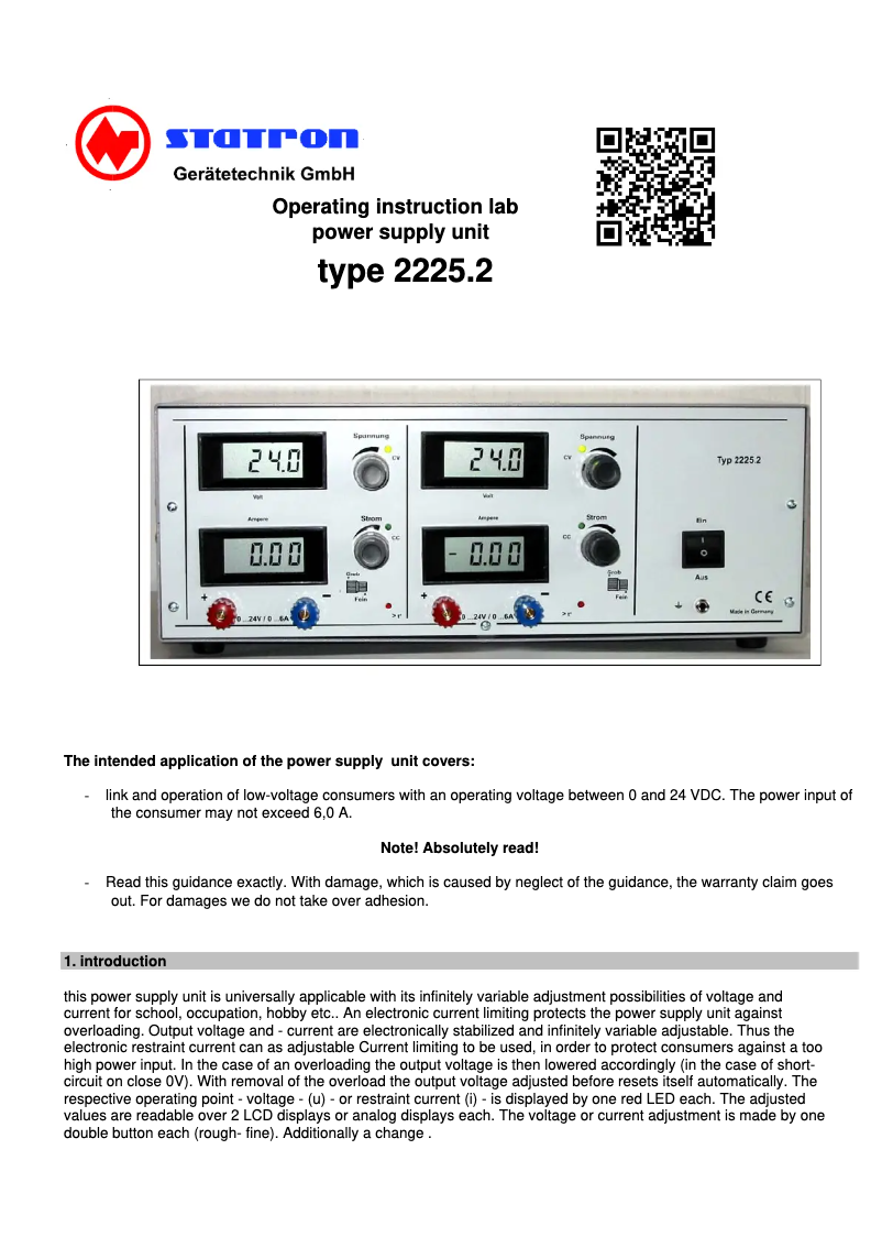 Page 1 de la notice Manuel utilisateur Statron 2225.2