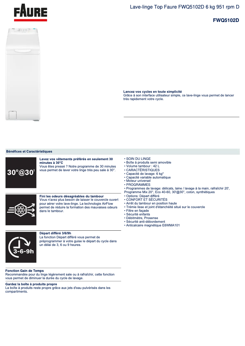 Página 1 del manual Ficha técnica Faure FWQ5102D