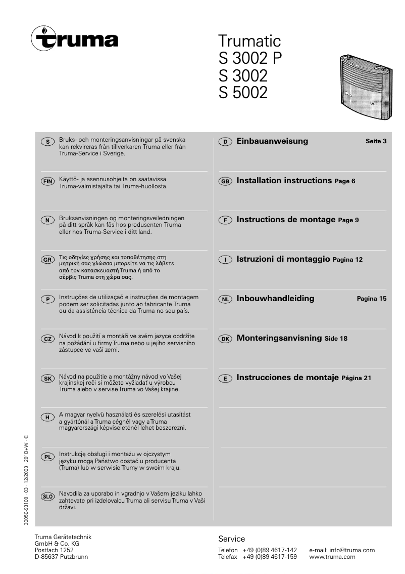 Page 1 de la notice Manuel utilisateur Truma tic S 5002