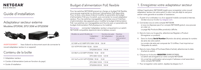 Page n°1 - Guide d'installation Netgear EPS200W