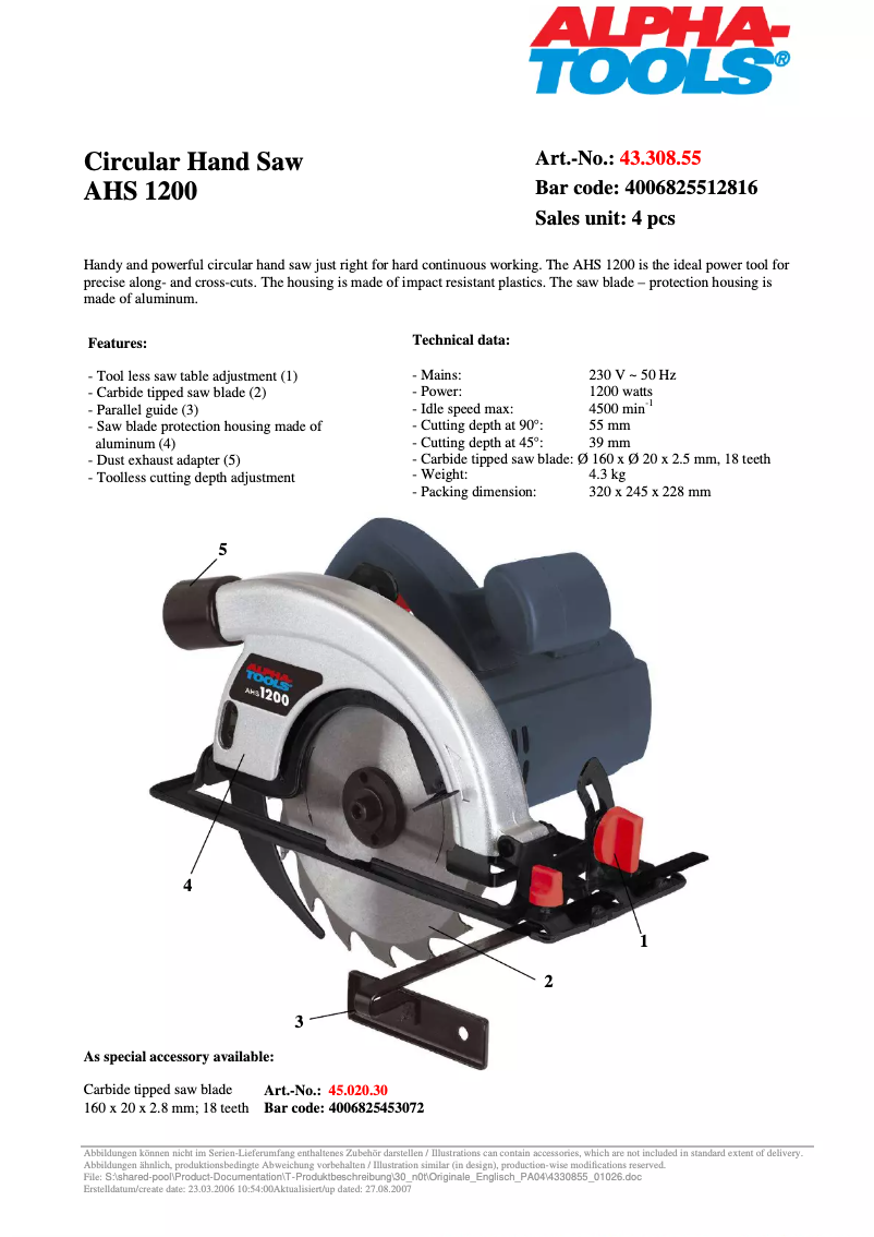 Page 1 de la notice Manuel utilisateur Alpha Tools AHS 1200