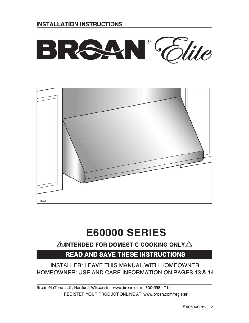 Page 1 de la notice Guide d'installation Broan E6042TS