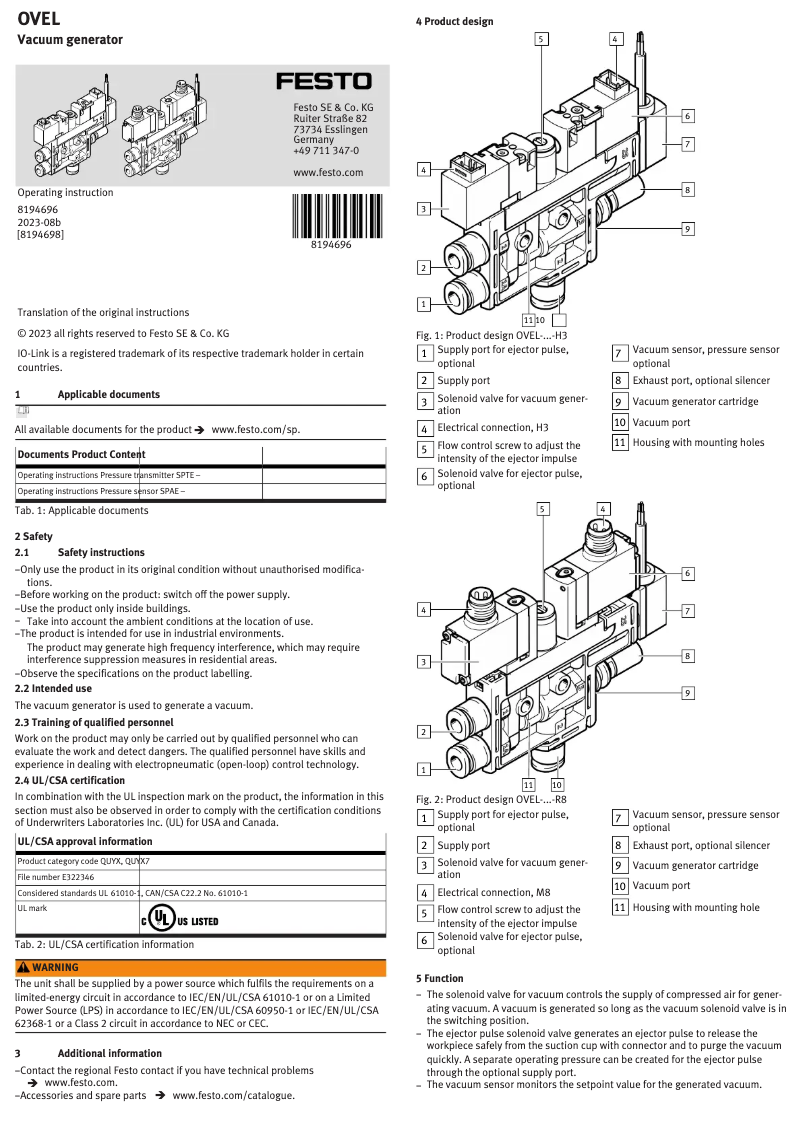 Page 1 de la notice Manuel utilisateur Festo OVEL-5-H-10-PQ-VQ4-UA-C-A-V1V-R8