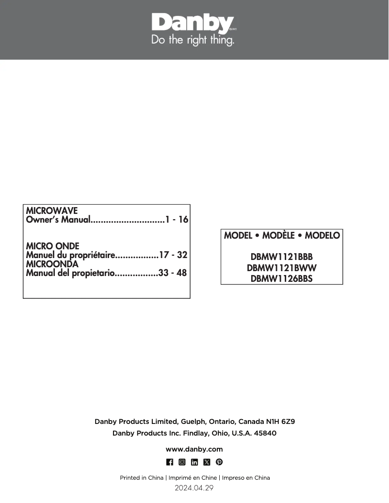 Page 1 de la notice Manuel utilisateur Danby DBMW1126BBS